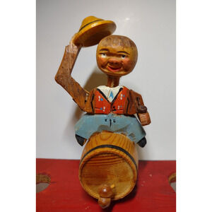 ANRI Seated Man Tips Hat Bottle Stopper Carved Puppet Barware Vintage Mechanical